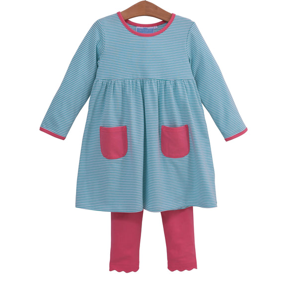 Trotter St Kids Annie pants set- pink green stirped top with pink scalloped leggings