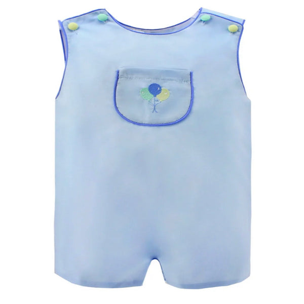 Zuccini Balloons Bruce Jon Jon, light blue boys romper with balloons embroidery. Perfect classic birthday boy outfit!