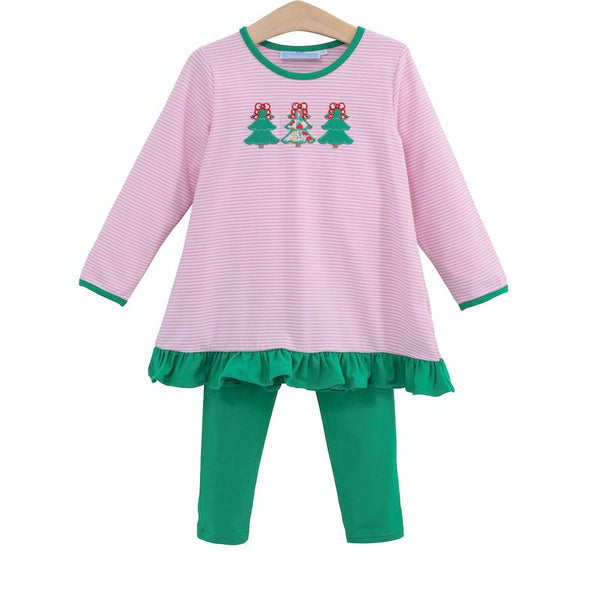 Trotter St Kids Christmas Tree ruffle pants set with applique Christmas trees.