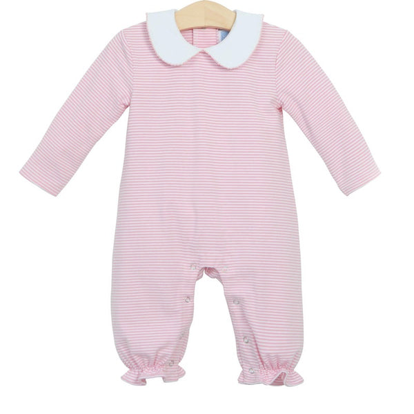 Trotter St Kids light pink stripe long sleeve romper.