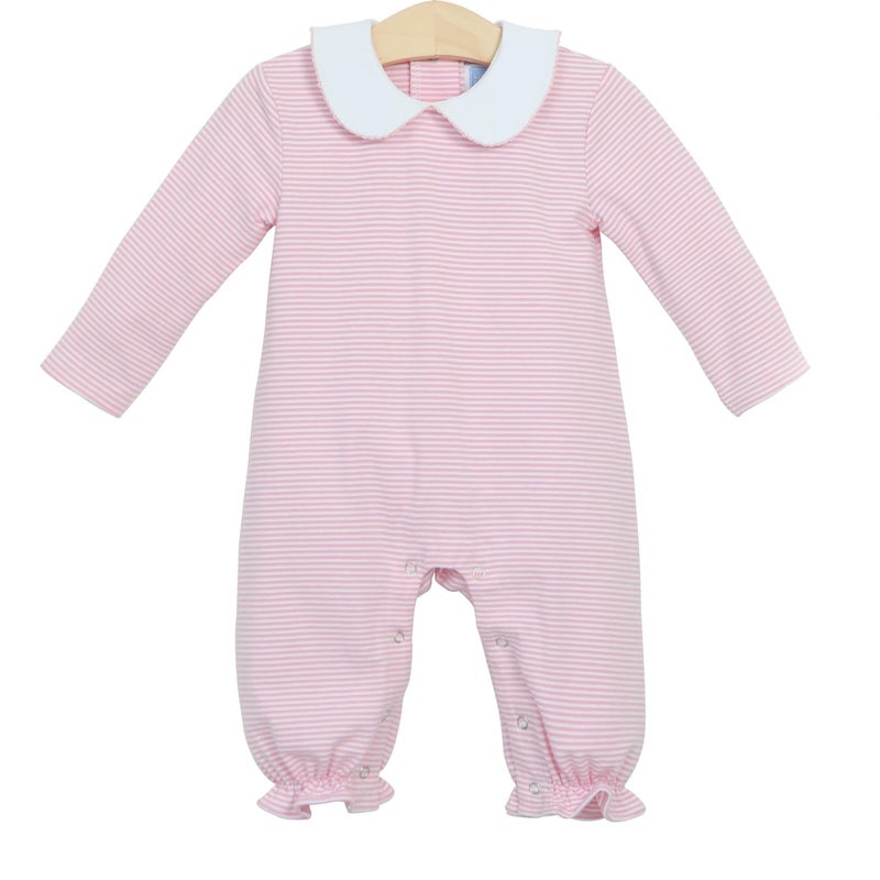 Trotter St Kids light pink stripe long sleeve romper.