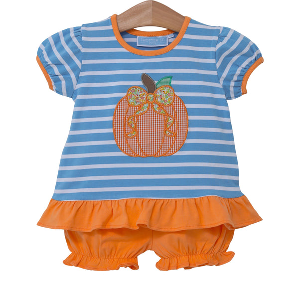 Trotter St Kids pumpkin applique bloomer set.