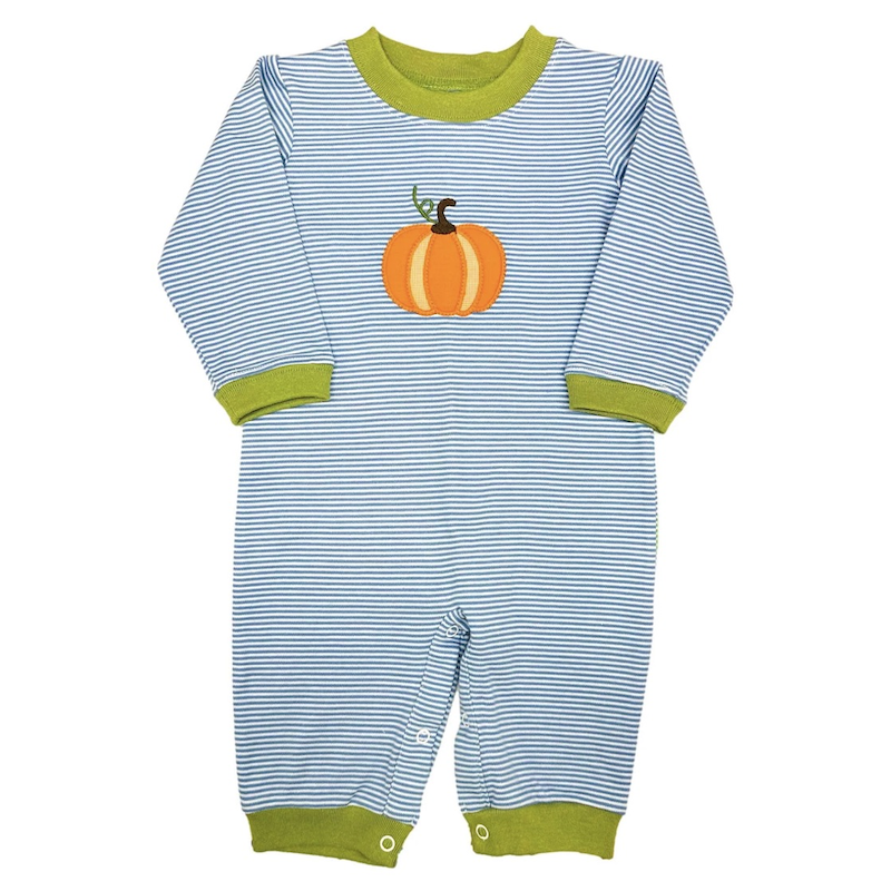 Light blue stripe knit long boys bubble/romper with pumpkin appilque. Zuccini Kids pumpkin luke bubble, periwiinke bitty stripe.