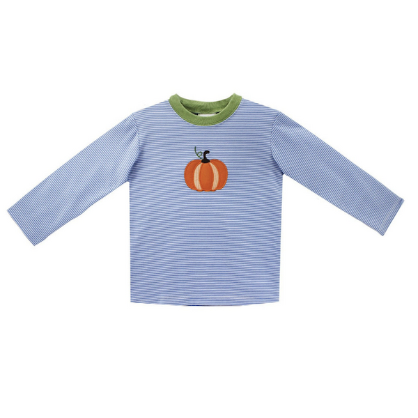 Blue mini stripe long sleeve t-shirt with pumpkin applique. Pumpkin Harry's play tee, periwinkle bitty stripe knit.
