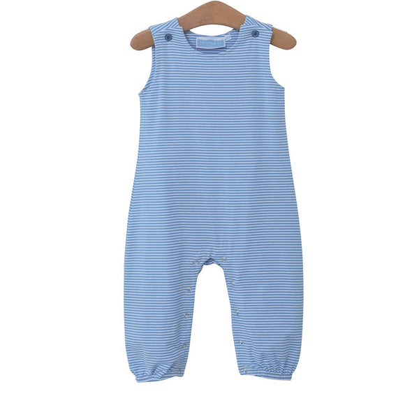 Trotter St Kids samuel jon jon in blue stripe. Boys knit overalls in blue stripe.