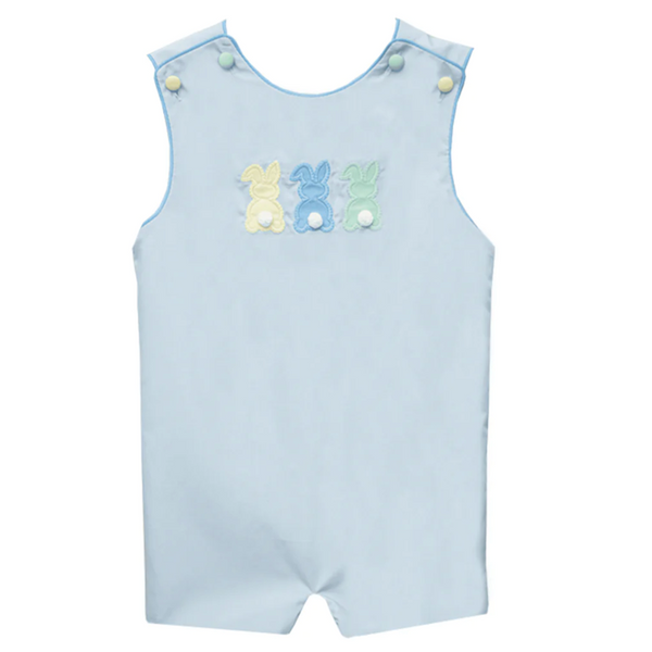 Boys light blue bunny applique shortall. Zuccini boys bunny easter shortall