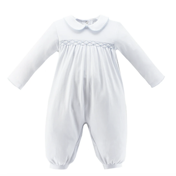 Classic style white knit long sleeve bubble with blue smocking. Zuccini kids grayson bubble, white knit.