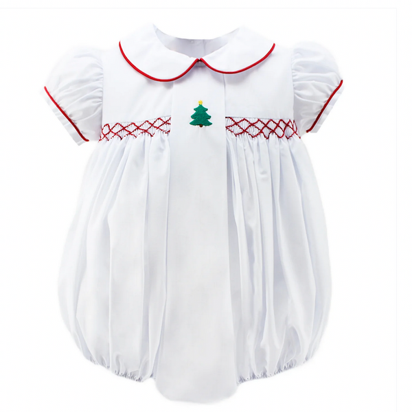 Christmas tree adaline bubble, white broadcloth. Classic girl's white Christmas tree smocked bubble.