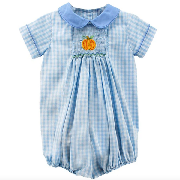 Boys pumpkin smocked bubble by Zuccini kids with light blue check fabric. Zuccini kids silas pumpkin bubble