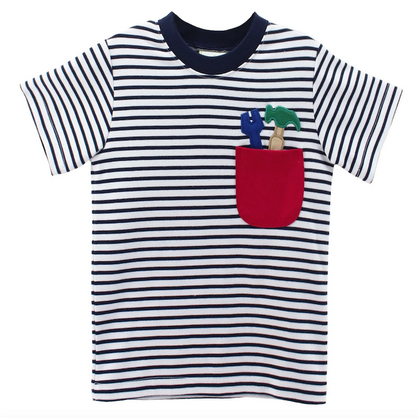 Zuccini kids Tools Harry's Play tee. Navy striped tee with tools applique. 
