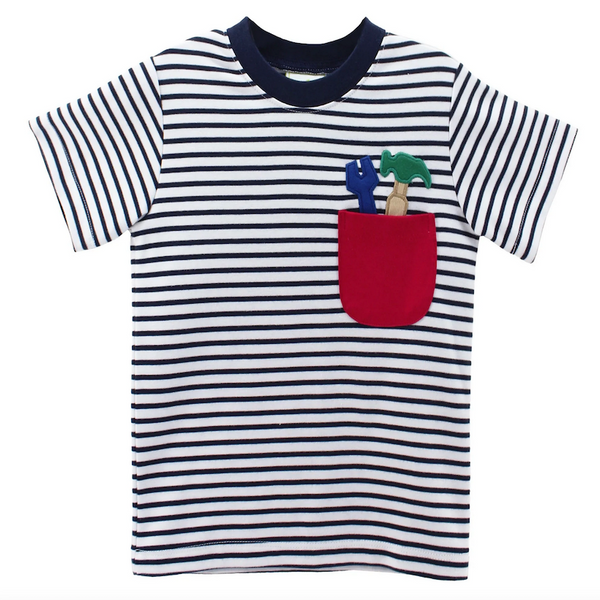 Zuccini kids Tools Harry's Play tee. Navy striped tee with tools applique.