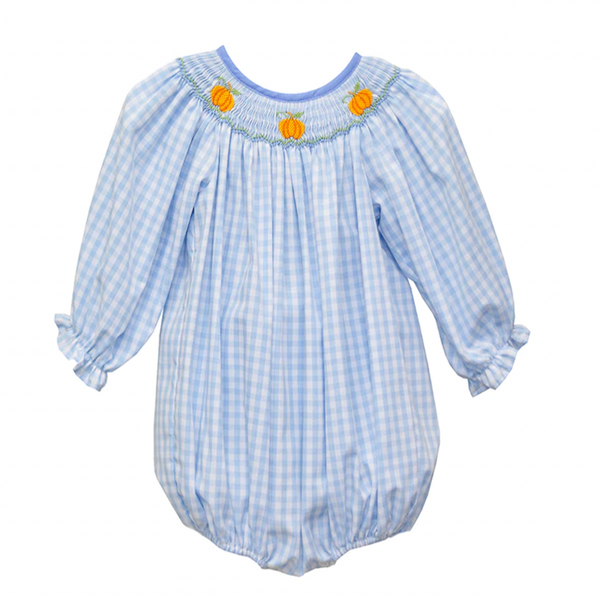 Girls light blue check bubble with pumpkin smocking.