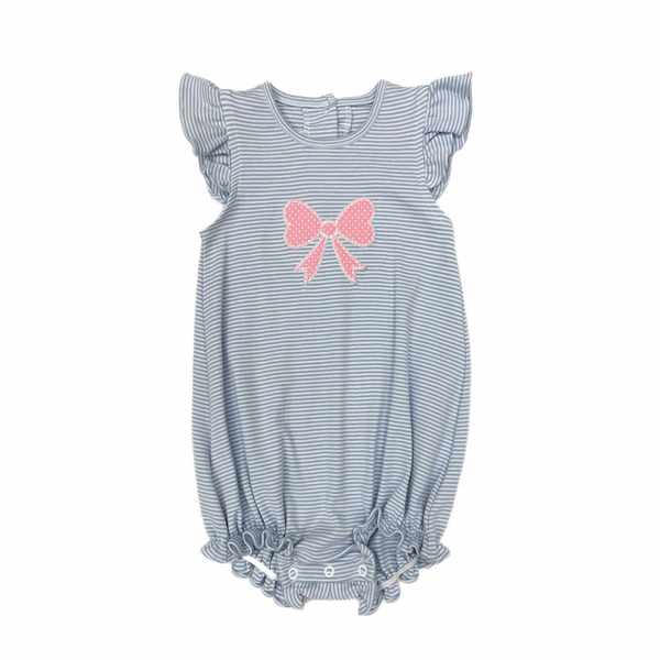 Zuccini bow as bubble, light blue bitty stripe knit. Girls knit bubble with pink bow applique