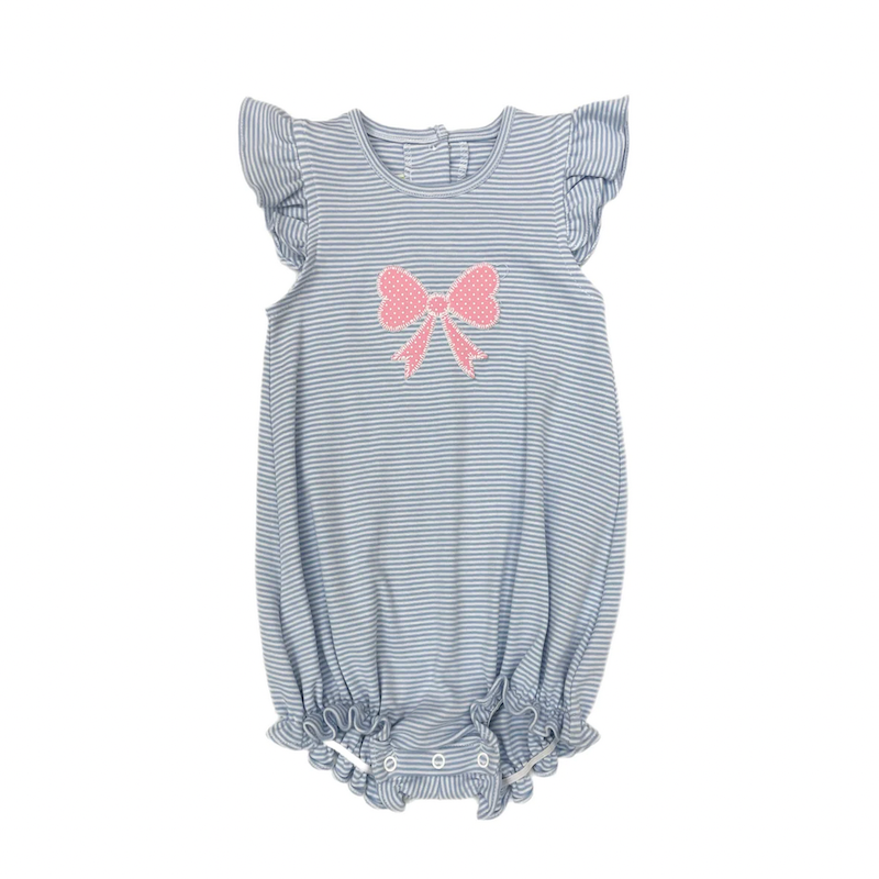 Zuccini bow as bubble, light blue bitty stripe knit. Girls knit bubble with pink bow applique
