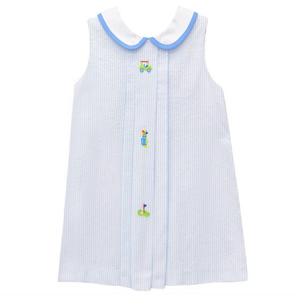 Girls blue seersucker dress with golf embroidery
