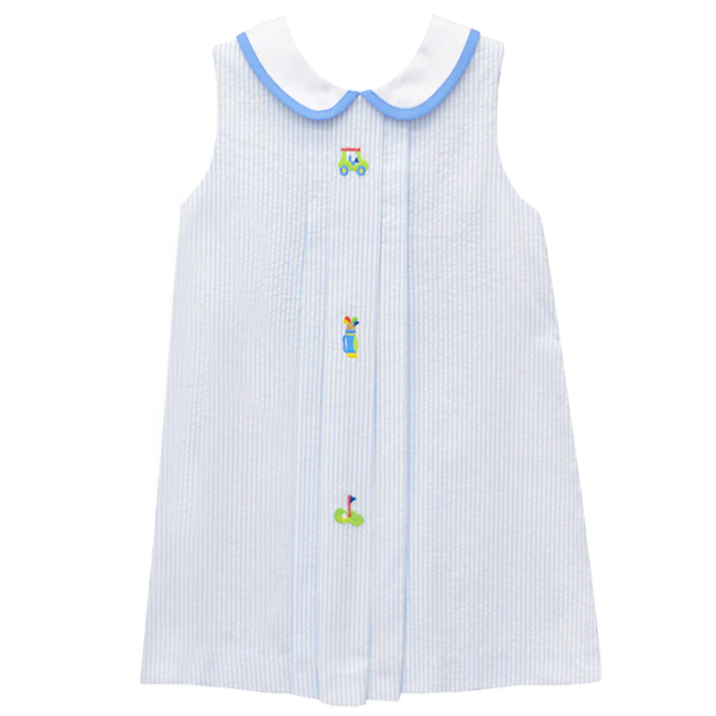Girls blue seersucker dress with golf embroidery