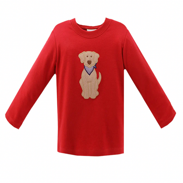 Red knit boys long sleeve t-shirt with labrador applique