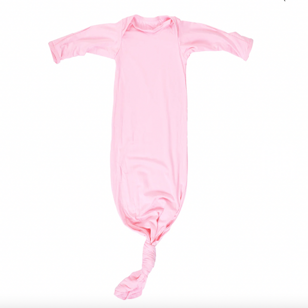 Light pink super soft knotted baby gown. Includes coordinating hat.