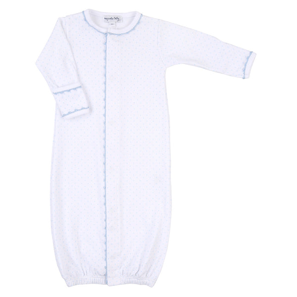 100% pima cotton Magnolia Baby converter gown with light blue trim and dots. The perfect outfit for a new baby boy or gift. Features fold-over cuffs.