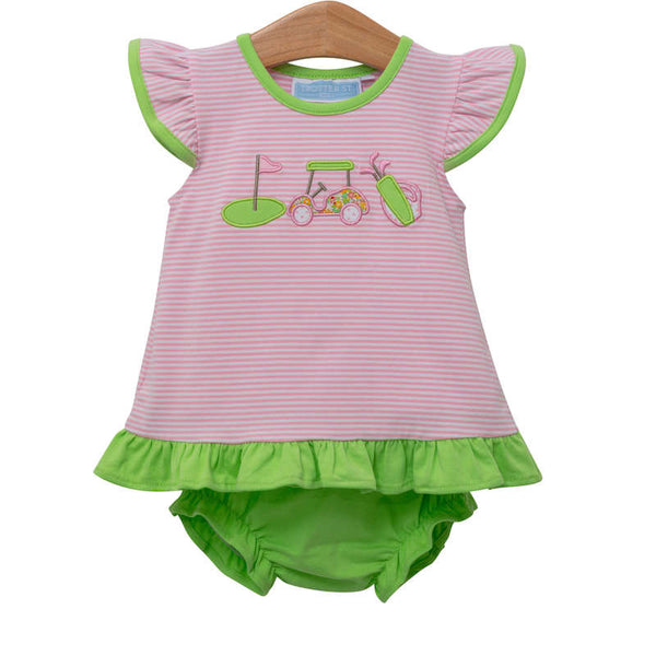 Pink and white striped shirt with golf applique and coordinating green bloomers.