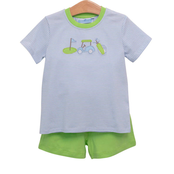 Blue and white striped shirt with matching green knit shorts and cute golf applique on the short.
