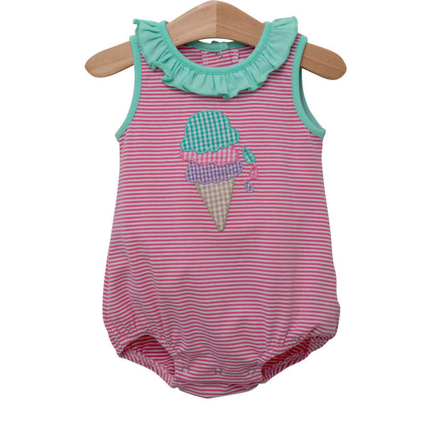 Pink and white striped knit girl's bubble with ice cream applique and ruffles at neckline.