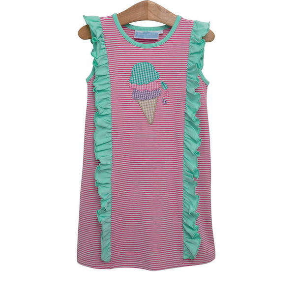 Pink and white knit dress with ice cream applique and ruffles on front