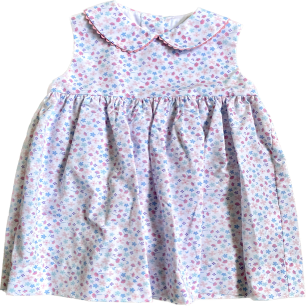 Woven floral dress with pink trim on collar.