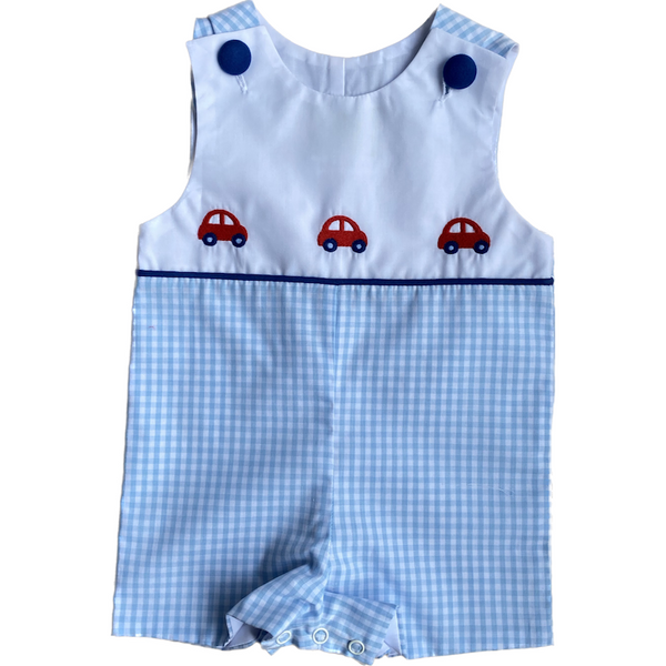 Zuccini cars embroidered jon jon with blue plaid material and adorable car embroidery on chest. Features button closure on shoulders and snaps at hte bototm for easy diaper changes!