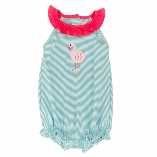 Knit green and white stripe ruffle bubble with flamingo applique and coordinating hot pink ruffles at neckline.
