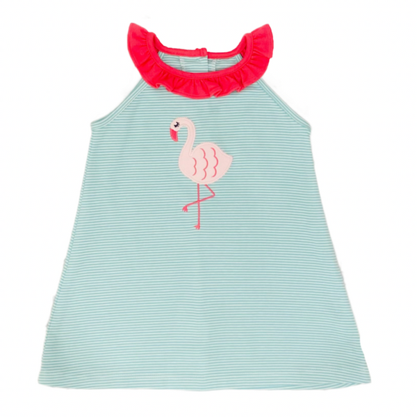 Green and white mini stripe dress with flamingo applique and hot pink ruffle collar.