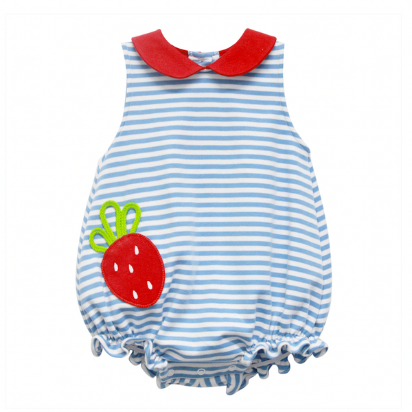 Blue and white stripe knit bubble with strawberry applique and coordinating red collar.