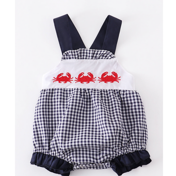 Navy gingham crab embroidery girl's bubble romper. Features adorable bow detail on the back.