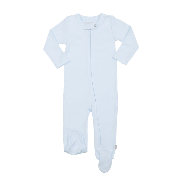 Organic cotton light blue zipper pajamas.