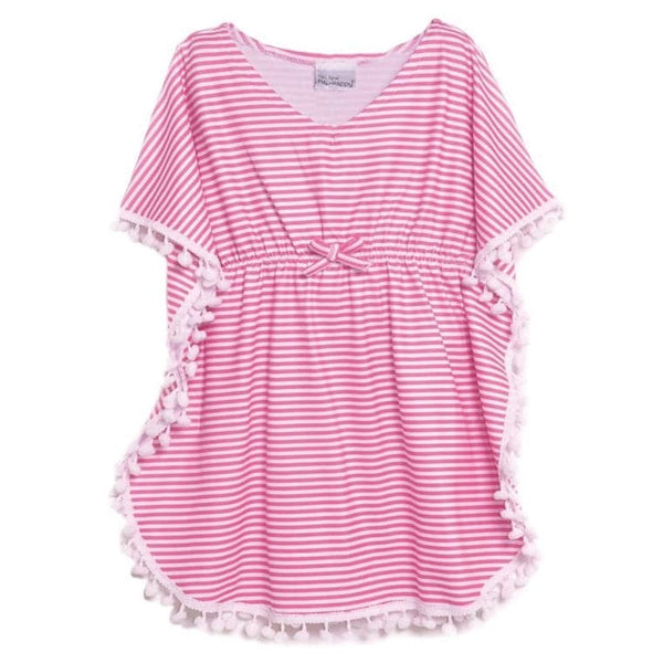 Girls pink stripe cover up dress with pom-pom trim. Features SPF50+ fabric, for the ultimate sun protection, and v neck and bow at waist. This girl's coverup is perfect for pool, beach, and anywhere in between.