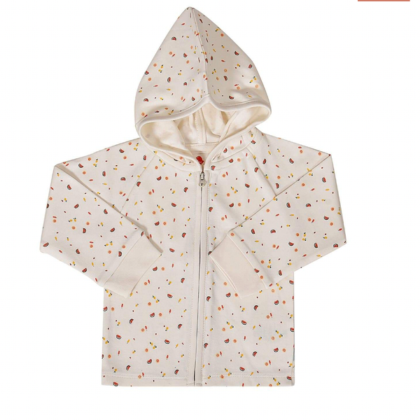 White organic cotton zip up hoodie jacket. Features fruit print. Perfect lightweight zip up jacket for spring for babies, toddlers, and kids. Unisex style