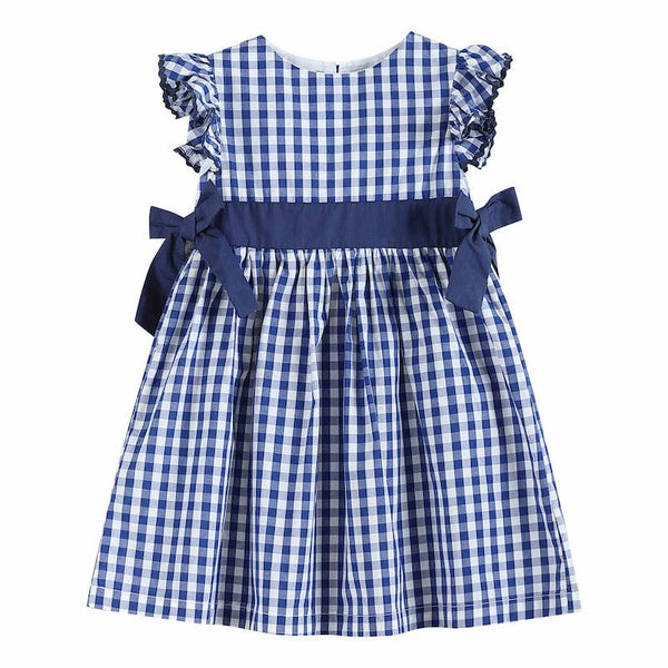 Lil Cactus navy gingham dress with flutter sleeves and cute navy bow accents. Perfect fall dress!