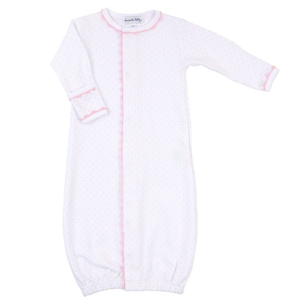 Magnolia Baby 100% pima cotton baby girl converter gown with light pink trim and dots.