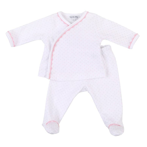Magnolia Baby 100% pima cotton footed pants set with light pink dots and trim.