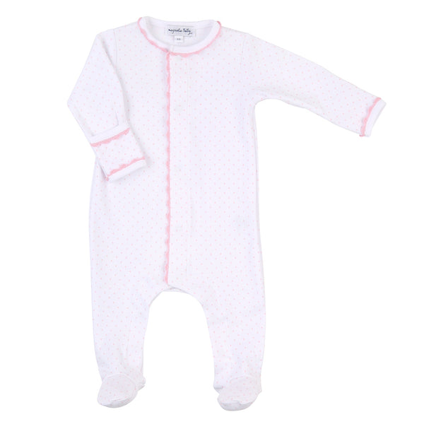 Magnolia baby 100% pima cotton footed pajmas with light pink dots and trim. Features fold-over cuffs. Perfect gift for new babies!