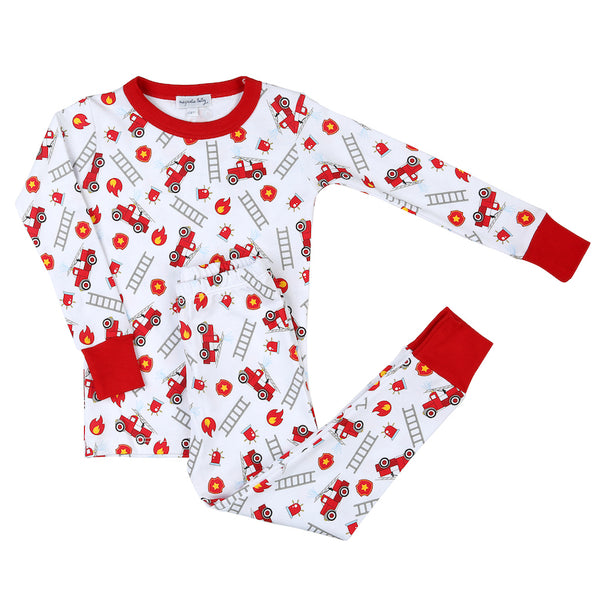 100% pima cotton pajamas with firetruck print and red cuffs.