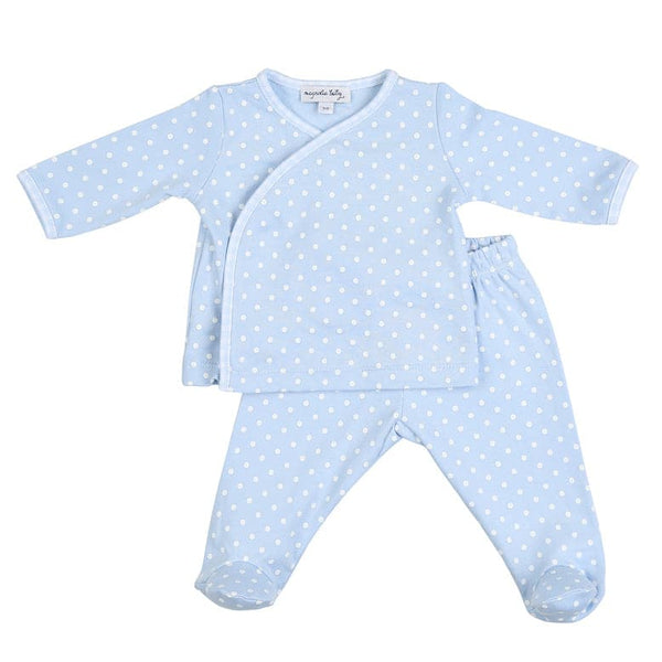 Magnolia Baby light blue dot 2 piece baby set, includes footed pants and cross-over long sleeve top. Made of 100% Pima cotton fabric, super soft for baby's skin.