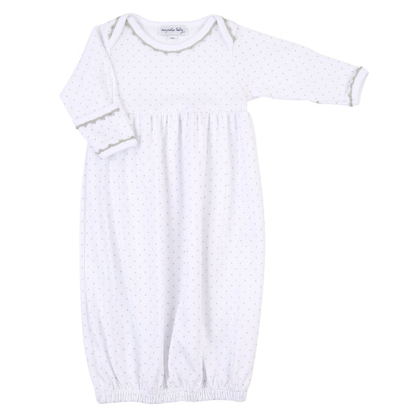 100% pima cotton pleated baby gown with light silver dots and coordinating trim. Perfect outift for new baby girls or boys!