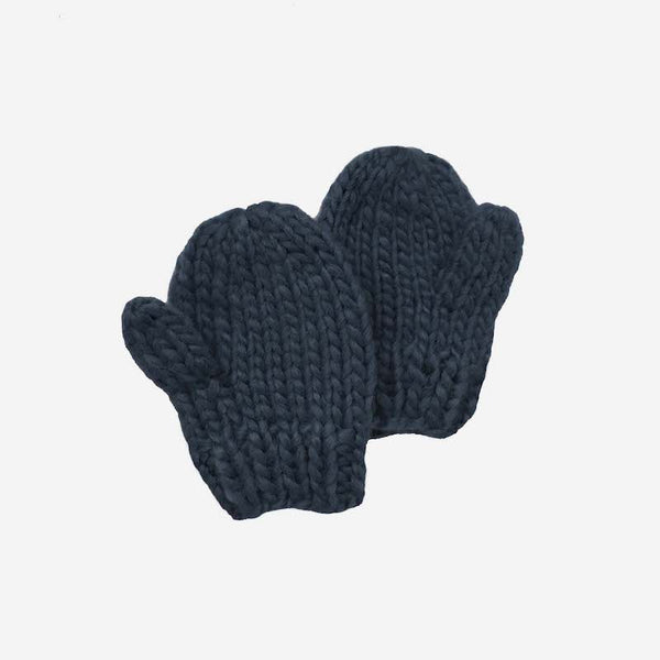 Navy hand-knit mittens for babies, toddlers, and kids.