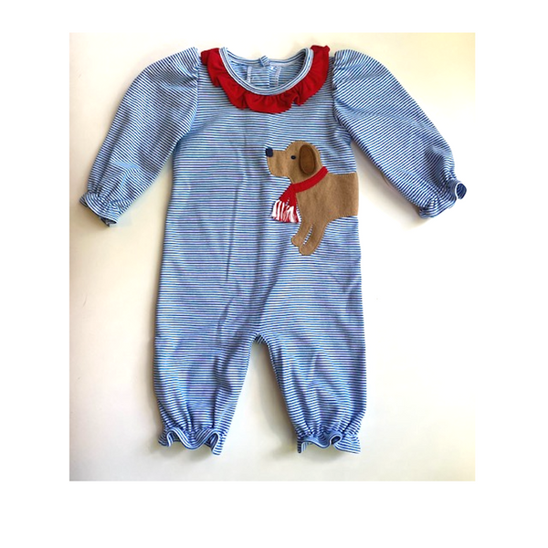 Blue and white stripe knit ruffle romper with laborador dog applique.