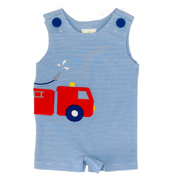 Blue and white stripe knit boy's Jon Jon with firetruck applique.