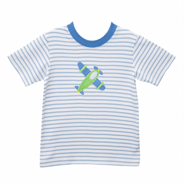 Zuccini kids airplane harry's play tee. Light blue and white striped knit tee with airplane applique