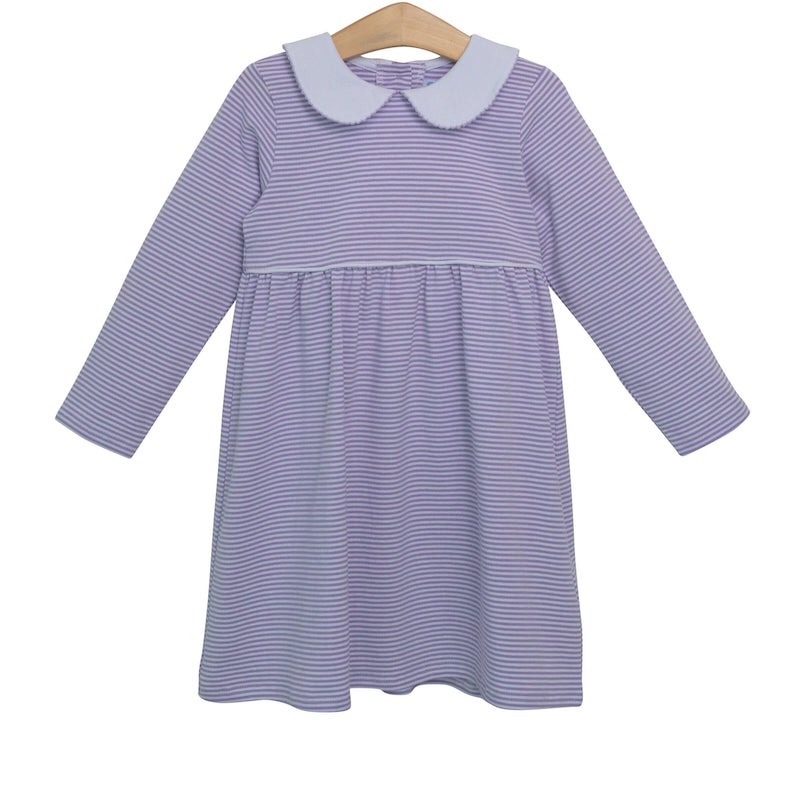 Trotter St kids long sleeve lavender dress with stripes and collar