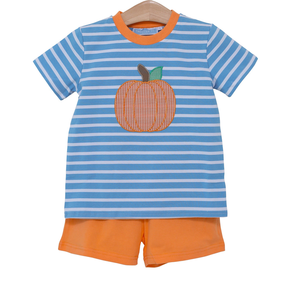 Trotter St kids pumpkin applique shorts set