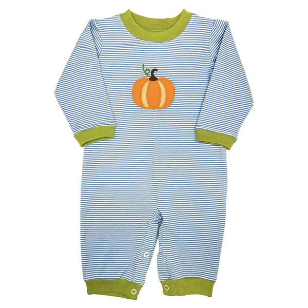 Light blue stripe knit long boys bubble/romper with pumpkin appilque. Zuccini Kids pumpkin luke bubble, periwiinke bitty stripe.